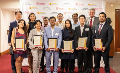 Minister Stirling Hinchliffe with UQ recipients of the Advance Queensland Industry Research Fellowships.